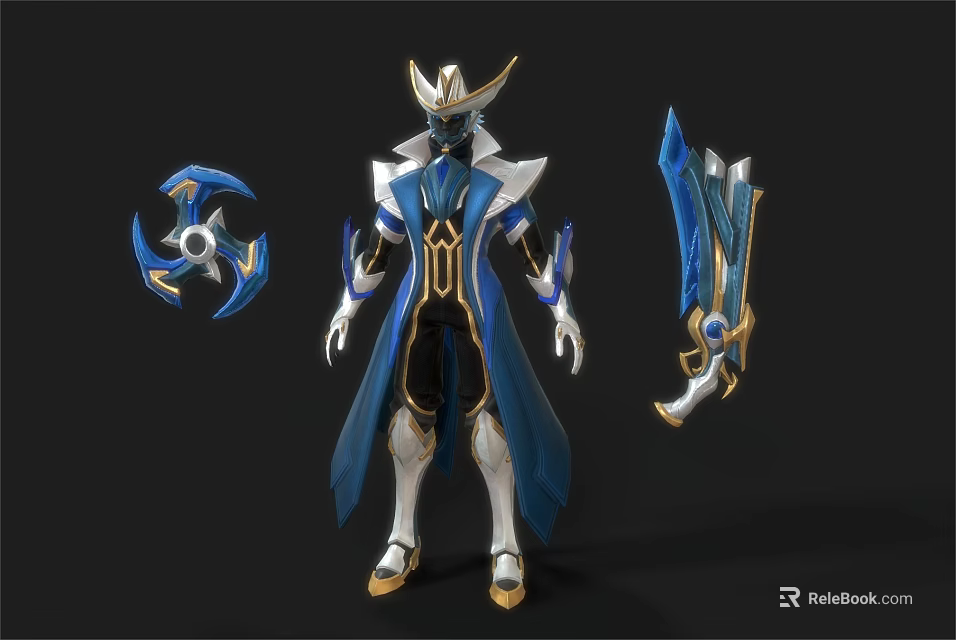 Game Movie Character Wearing Blue White Armor with Gold Accents Cloak Throwing Weapon and Sword 3d model 