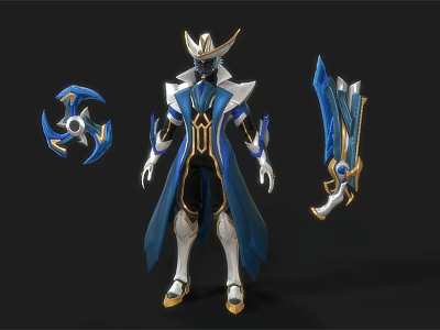 Game Movie Character Wearing Blue White Armor with Gold Accents Cloak Throwing Weapon and Sword 3d model