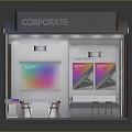 Modern Corporate Booth Interior Design With Display Screens Tables Chairs And Bar Counter