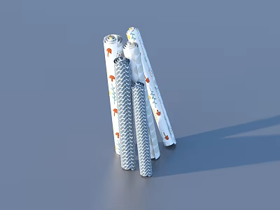 Stacked Rolled Items With White Orange Patterns And Gray Wavy Designs On Plain Background 3d model