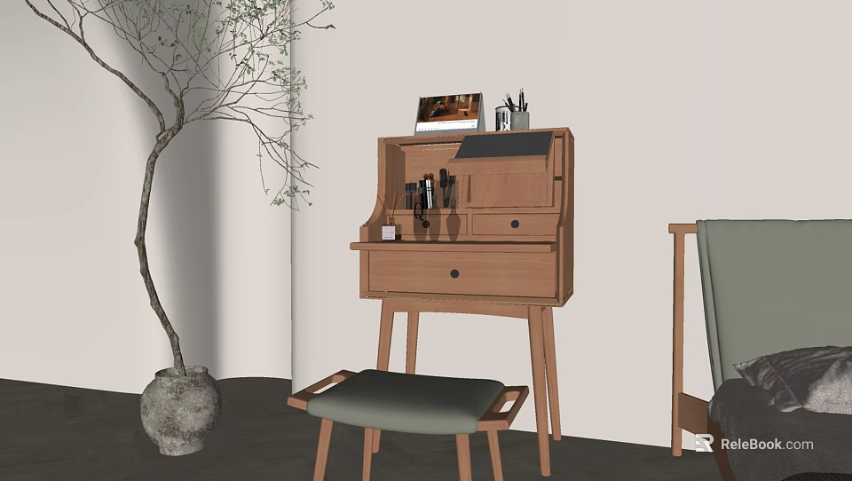 Wooden Dressing Table with Cosmetics Perfume Bottles and Green Cushioned Stool Near Plant 3d model 