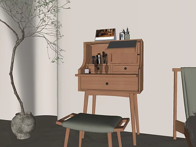 Wooden Dressing Table with Cosmetics Perfume Bottles and Green Cushioned Stool Near Plant 3d model