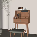 Wooden Dressing Table with Cosmetics Perfume Bottles and Green Cushioned Stool Near Plant