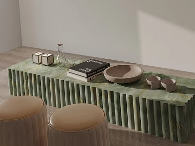 Ribbed Green Marble Coffee Table With Books Glass Vase Candles Shallow Bowl And Brown Stools 3d model