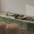 Ribbed Green Marble Coffee Table With Books Glass Vase Candles Shallow Bowl And Brown Stools