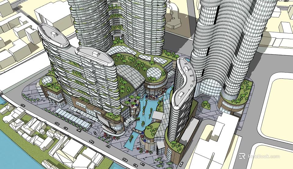 Modern Commercial Street With High Rise Buildings Lush Green Spaces And Water Features 3d model 