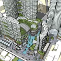 Modern Commercial Street With High Rise Buildings Lush Green Spaces And Water Features