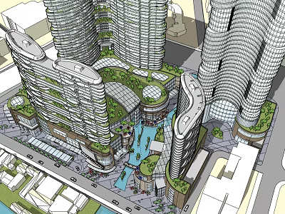 Modern Commercial Street With High Rise Buildings Lush Green Spaces And Water Features 3d model