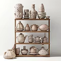 Various Handcrafted Ceramic Vessels Displayed on Wooden Shelves with Unique Patterns