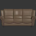 Beige Leather Three Seat Sofa With Stitched Details And Dark Brown Armrest Accents