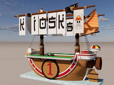 Pirate Ship Style Kiosk With Skull Logo Flags And Number 1 Design 3d model