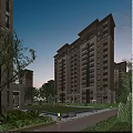 Modern High Rise Residential Building Exterior Design with Landscaped Lawn Trees Courtyard Under Sunset Sky