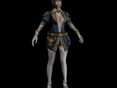 Game Movie Character in Blue Gold Ornate Outfit with White Stockings Decorative Belt and Gloves 3d model