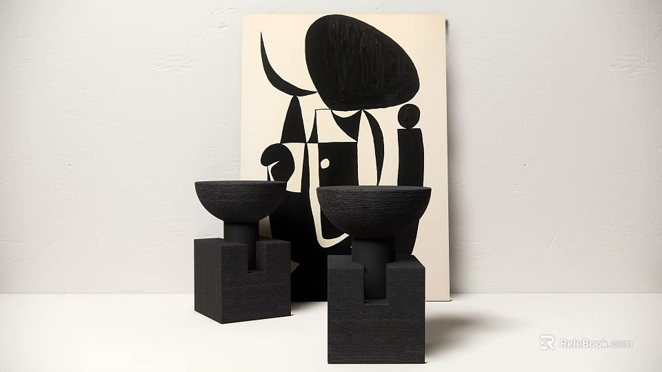 Minimalist Black Wooden Side Tables With Geometric Design And Abstract Art Backdrop 3d model 