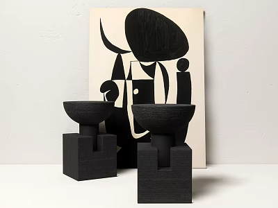 Minimalist Black Wooden Side Tables With Geometric Design And Abstract Art Backdrop 3d model