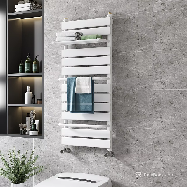 White Wall Mounted Bathroom Cabinet Rack With Towels And Gray Marble Wall 3d model 