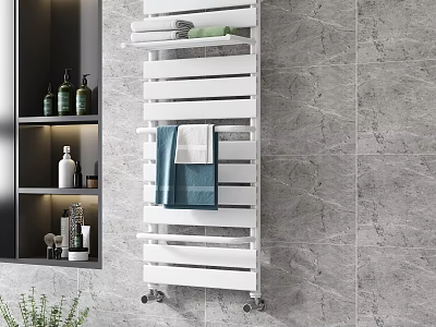 White Wall Mounted Bathroom Cabinet Rack With Towels And Gray Marble Wall 3d model