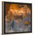 Vibrant Animal Painting Featuring Blue Heron Orange Red Sky Reeds Lotus Leaves and Water Surface