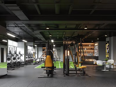 Modern Gym Interior With Multiple Fitness Machines And Seating Area 3d model
