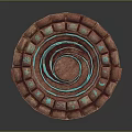 Ornate Wooden Circular Architectural Decor With Spiral Blue Accents And Intricate Symbols