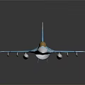 Blue and white fighter jet model with weapons and brown cockpit on dark background