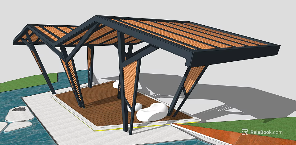 Modern Outdoor Pavilion With Wooden Slatted Roof Black Metal Frame Wooden Deck And White Seats 3d model 