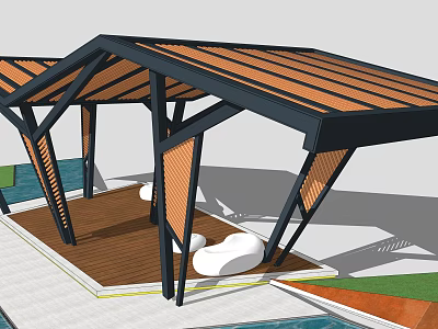 Modern Outdoor Pavilion With Wooden Slatted Roof Black Metal Frame Wooden Deck And White Seats 3d model