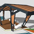 Modern Outdoor Pavilion With Wooden Slatted Roof Black Metal Frame Wooden Deck And White Seats