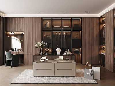 Modern Walk in Closet Interior With Wooden Cabinets Glass Doors And Dressing Table 3d model