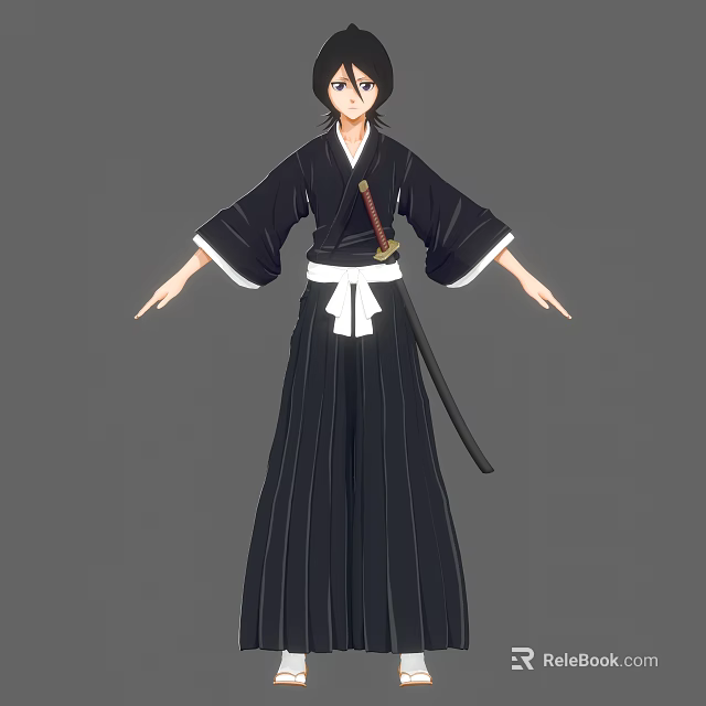 Woman in Traditional Black Kimono With White Obi Katana and Standing Pose 3d model 