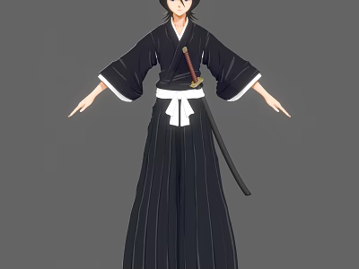 Woman in Traditional Black Kimono With White Obi Katana and Standing Pose 3d model