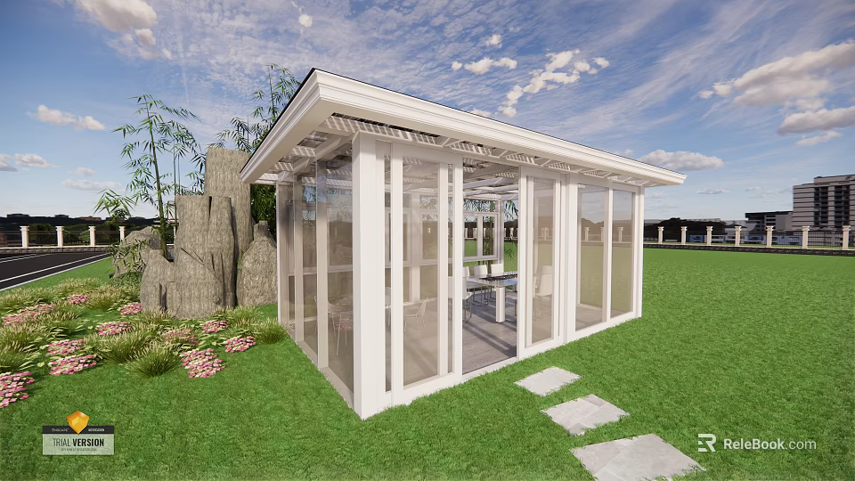 Outdoor White Glass Gazebo with Green Lawn Stone Path and Flower Decorations 3d model 