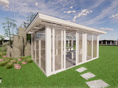 Outdoor White Glass Gazebo with Green Lawn Stone Path and Flower Decorations 3d model