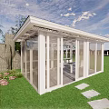 Outdoor White Glass Gazebo with Green Lawn Stone Path and Flower Decorations