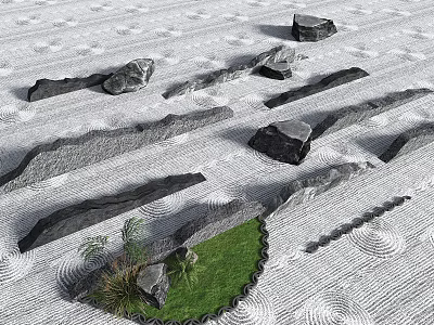 Zen Style Garden Ornaments With Sand Arranged Stones Small Plants And Green Grass Patch 3d model