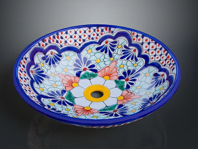 Decorative Ceramic Sink With Colorful Floral Geometric Patterns And Blue Rim 3d model