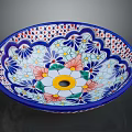 Decorative Ceramic Sink With Colorful Floral Geometric Patterns And Blue Rim