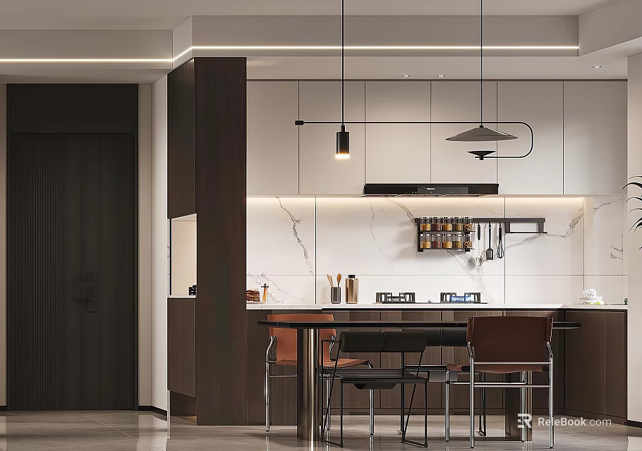 Modern Kitchen Interior With Island Counter Pendant Lights Marble Backsplash And Wooden Cabinets 3d model 