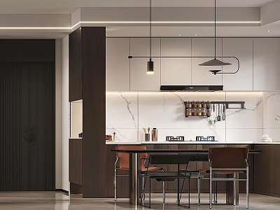 Modern Kitchen Interior With Island Counter Pendant Lights Marble Backsplash And Wooden Cabinets 3d model