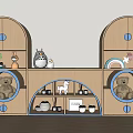 Wooden Children's Storage Cabinet With Arched Design Blue Accents And Stuffed Toys