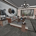 Modern Chinese Dining and Living Room Interior Design With Wooden Furniture And Decorative Paintings