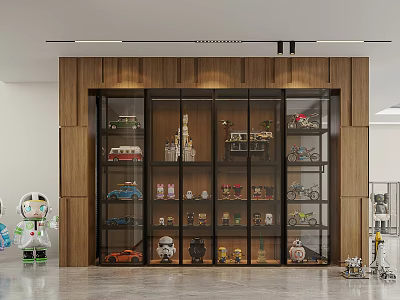 Modern Wooden Decorative Cabinet With Glass Doors Displaying Toy Car Models And Collectibles 3d model