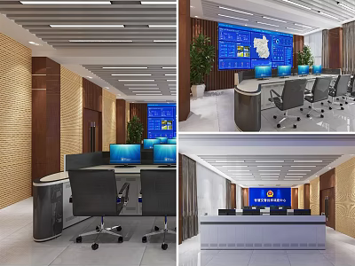 Modern Monitoring Room Interior Design With Multiple Screens Control Consoles And Office Chairs 3d model