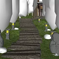 Stone Stepping Path in Garden with Green Lawn Trees Stone Lanterns and Monk Statues