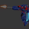 Blue And Red Robot Character Running With Flame And Blue Sword In Motion