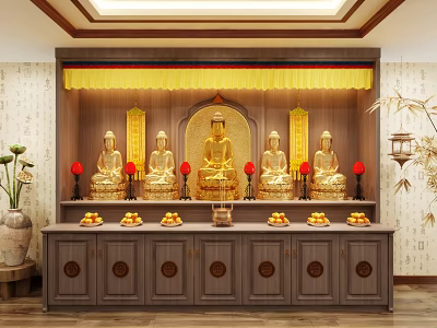 Traditional Wooden Buddhist Shrine Cabinet With Golden Buddha Statues And Yellow Drapery 3d model