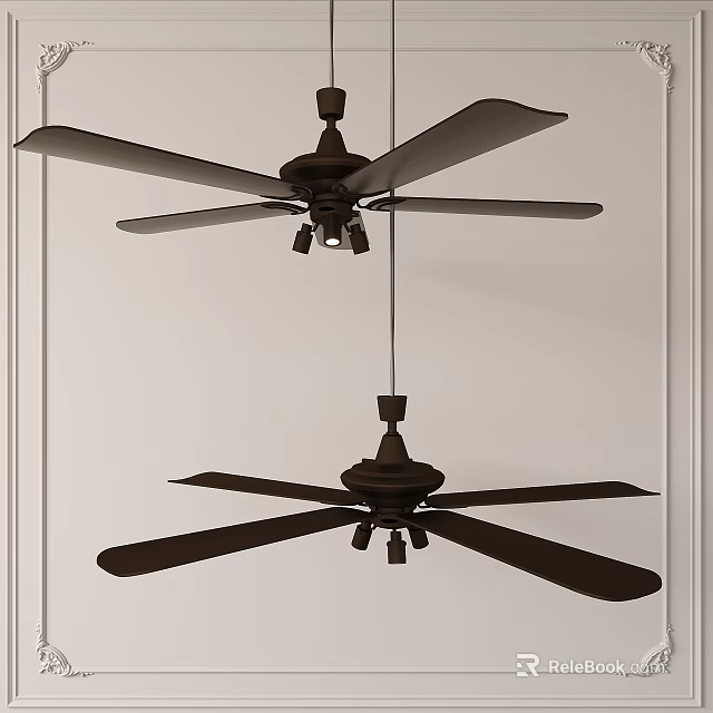 Double Brown Ceiling Fan Lights With Multiple Blades For Indoor White Ceiling Space 3d model 