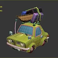 Green Cartoon Car With Colorful Luggage And Small Boat On Roof