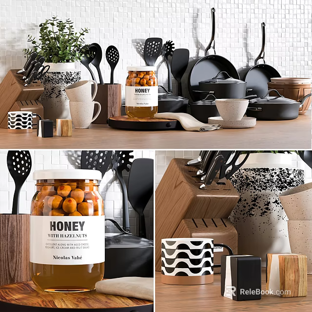 Stylish Kitchen Utensils Display With Honey Jar Spoons Pans Mugs And Wooden Storage 3d model 