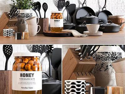 Stylish Kitchen Utensils Display With Honey Jar Spoons Pans Mugs And Wooden Storage 3d model